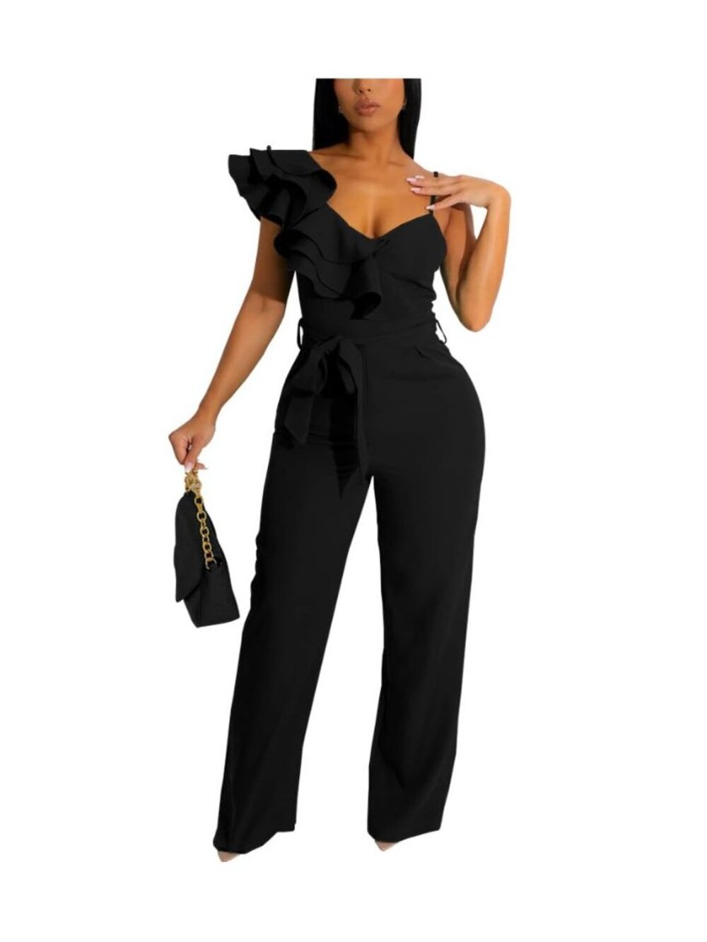Womens Casual One Piece Jumpsuits V-Neck Sleeveless Ruffle Elegant Romper Wide